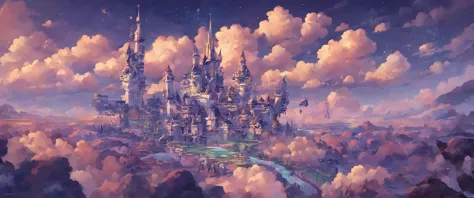 a painting of a castle in the sky with clouds