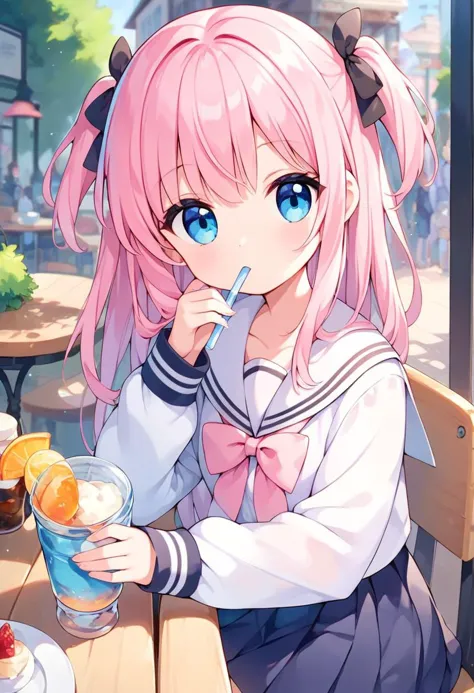 score_9, score_8_up, score_7_up, 1girl, light pink hair, hair ribbon, two side up, cute, drinking, cafe, white sailor, school uniform,