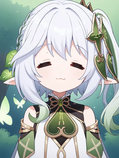 a cartoon image of a girl with white hair and green eyes