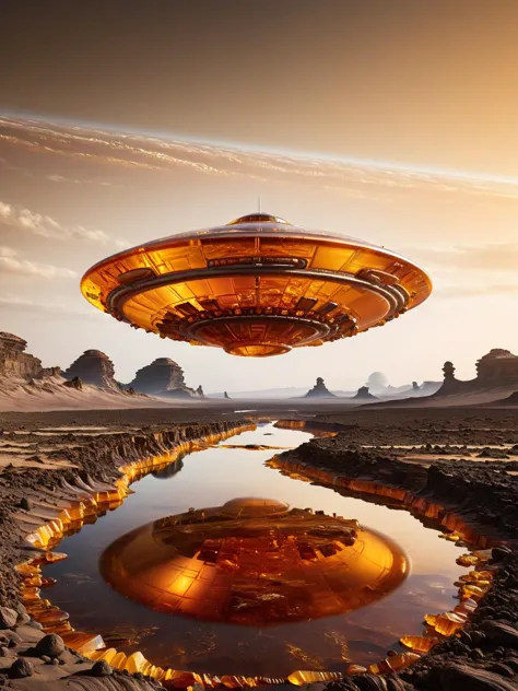 A ral-amber spacecraft landing on a foreign planet, its hull reflecting the alien sunsets, the otherworldly landscape sprawling into the horizon, captured with a Sony Alpha 1 for its futuristic clarity <lora:ral-amber-sdxl:1> <lora:EnvyBetterHiresFixXL01:0:hr=1>