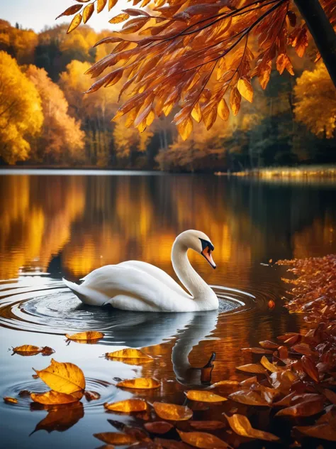 Ein bernsteinfarbener Schwan schwimmt majestätisch über einen herbstlichen See, von dessen Bäumen bernsteinfarbene Blätter fallen, Die Szene wurde mit einer Leica SL2 aufgenommen, da sie einen beeindruckenden Kontrast und eine beeindruckende Tiefe aufweist. 