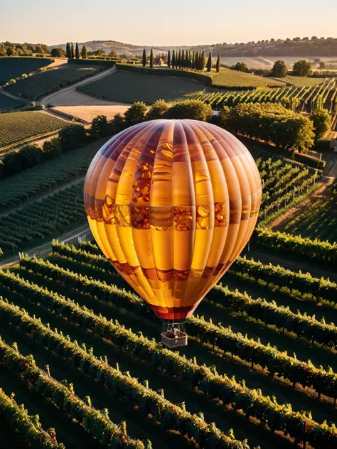 Vista aproximada de um balão de ar quente ral-âmbar flutuando suavemente sobre um vinhedo, as fileiras de uvas abaixo se aquecendo na hora dourada, tirada com uma Fujifilm GFX 100 por seu grande detalhe de sensor 