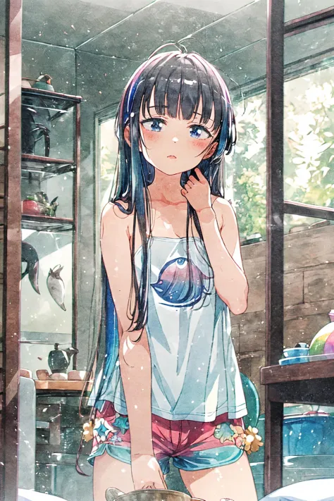 <lora:gomennasai+MEI1-000010:0.8> gomennasai+, solo, dolphin shorts, topless, indoors, camisole, <lora:add_detail:0.5>, (masterpiece, top quality, extremely detailed, best quality, beautiful and aesthetic:1.2), (1girl:1.3), official art, high resolution, surreal,, bowl cut hair, long hair, hair flaps, iridescent hair