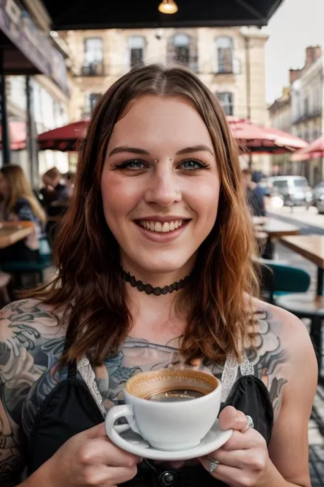 arafed woman holding a cup of coffee in a cafe