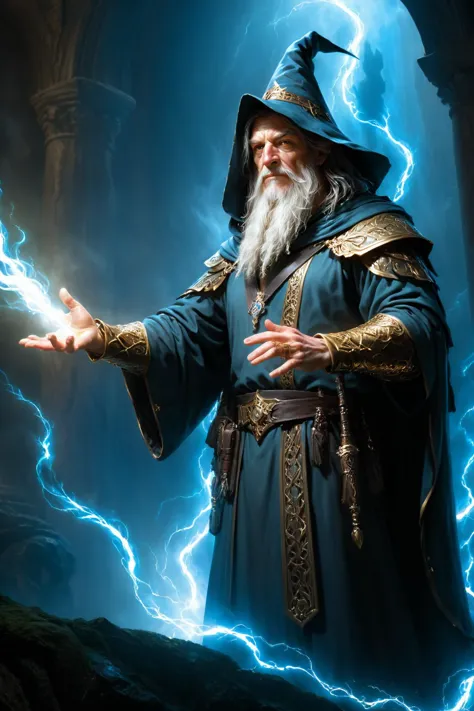 a close up of a wizard holding a lightning ball