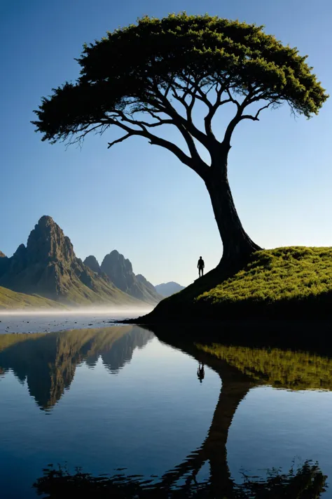 arafed tree on a hill with a person standing on it