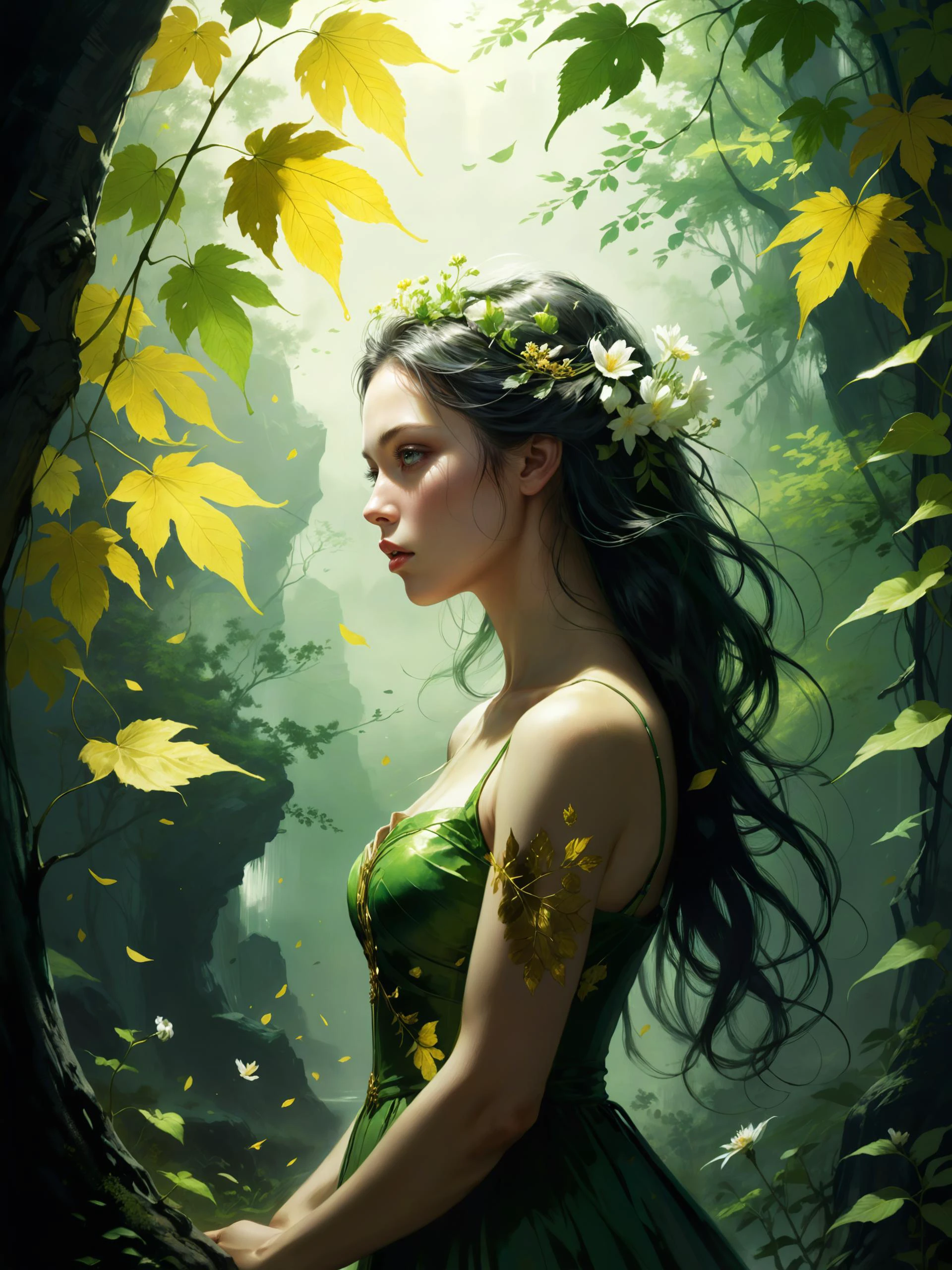 大自然的第一個綠色是金色, 她最难保持的色调, 她早期的葉子是一朵花, 但只有一个小时, 然後葉子退化為葉子, 于是伊甸园陷入悲痛之中, 所以黎明變成了白天, 沒有什麼金子可以留下來, 斑駁的光, 著名艺术作品 (約翰·克里斯蒂安·達爾:1.4) 和 (李珉載:1.4)