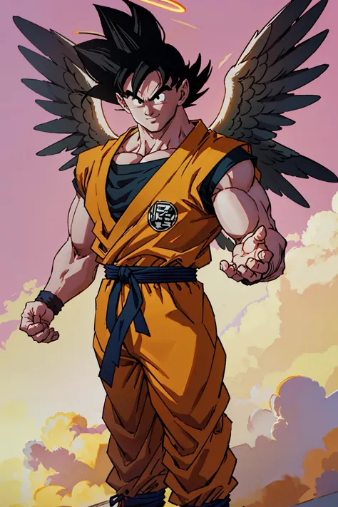 cinematic film still goku, ((angel halo)), ((white angel wings)), muscular male, dougi, gi, orange gi, ((flying)), loose express...