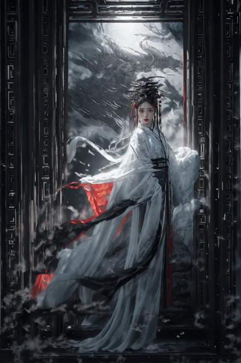 a woman in a white dress standing in a doorway with a red umbrella