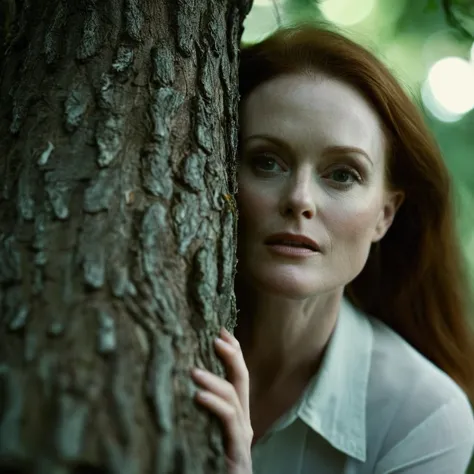 Fotograma de película cinematográfica de una foto detallada y perfecta de una joven Julianne Moore, una mujer apoyada en el tronco de un árbol,enfoque manual, poca profundidad de campo, Viñeta, muy detallado, alto presupuesto, bokeh, cinemascope, malhumorado, épico, espléndido, grano de la película, granoso