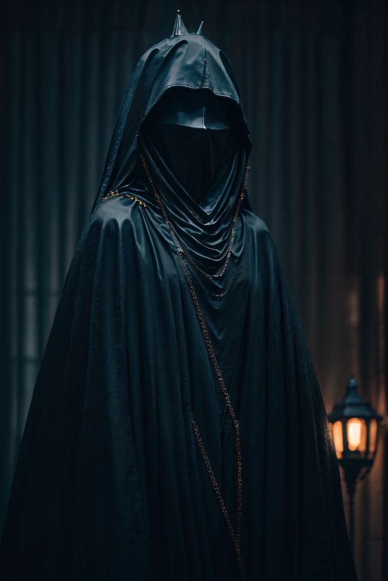 close up, dark theme,solo,1girl,upper body,blurry,no humans,chain,spike,cloak,hood up,robe, cinematic lighting, chiaroscuro, hires, volumetric lighting, highly detailed background, masterpiece, 