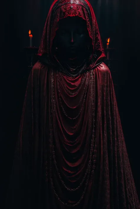 close up, upper body, red theme, dark theme,1girl,earrings,jewelry,chain,spike,armor, helmet,cloak,hood up,robe, candle light, cinematic lighting, (chiaroscuro:1.2) , hires, volumetric lighting, highly detailed background, masterpiece, <lora:add_detail:0.4> <lora:hairdetailer:0.5>  <lora:cultiste:1>  <lora:antiwhite:0.8>