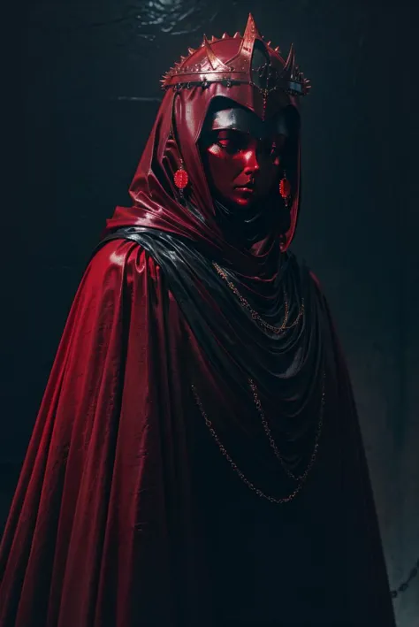 close up, upper body, red theme, dark theme,1girl,earrings,jewelry,chain,spike,armor,helmet,cloak,hood up,robe, cinematic lighti...