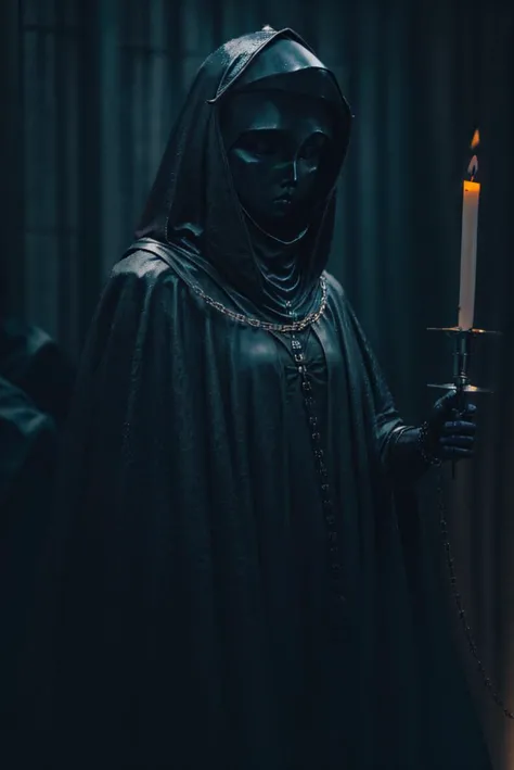 close up, dark theme,solo,1girl,upper body,blurry,no humans,chain,spike,cloak,hood up,robe, candle light, cinematic lighting, (c...