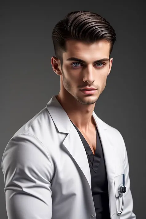 Ultra-detail, (highres:1.1), best quality, (masterpiece:1.3), handsome, skinny muscled 23yo Italian male model wearing short black boxers and white doctor coat. His body is symmetrical, thin waist, wide shoulders, big chest, perfect abs, modern haircut, dark blue eyes, symmetrical face, masculine attitude, perfect composition, 8K high detailed face and body, ultra intricate details, sharp focus, studio photo