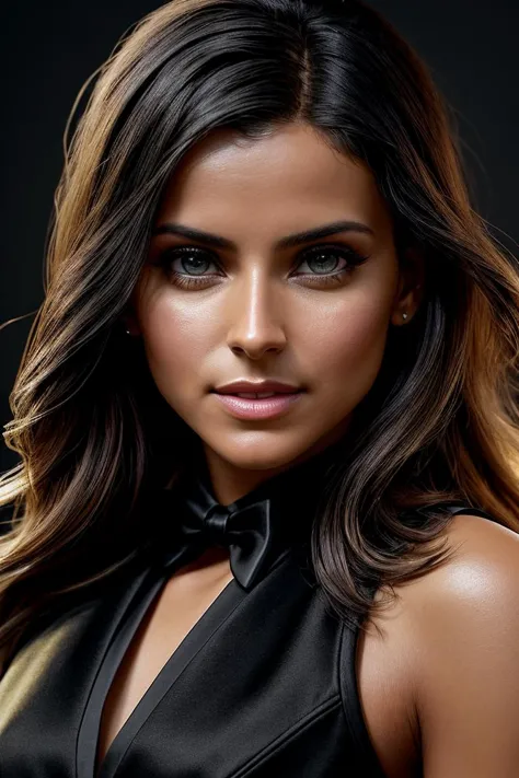 a close up of a woman with long hair wearing a black dress