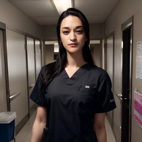 a woman in a black scrub suit standing in a hallway