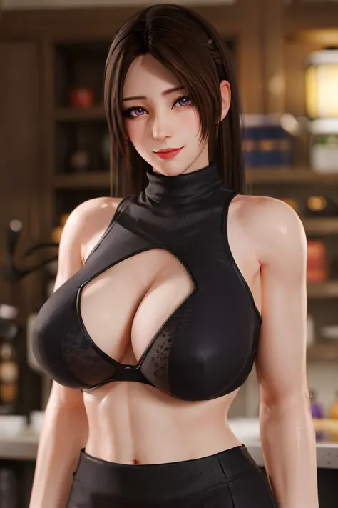 1girl, bangs, bare shoulders, black hair, black sweater, blunt bangs, bra, closed mouth, depth of field, hime cut, huge breasts, lips, long hair, looking at viewer, mole under mouth, akiryo-mai, purple eyes, ribbed sweater, see-through, sleeveless, sleevel...