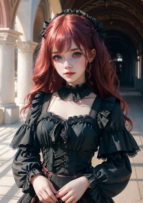 a close up of a woman in a black dress with red hair