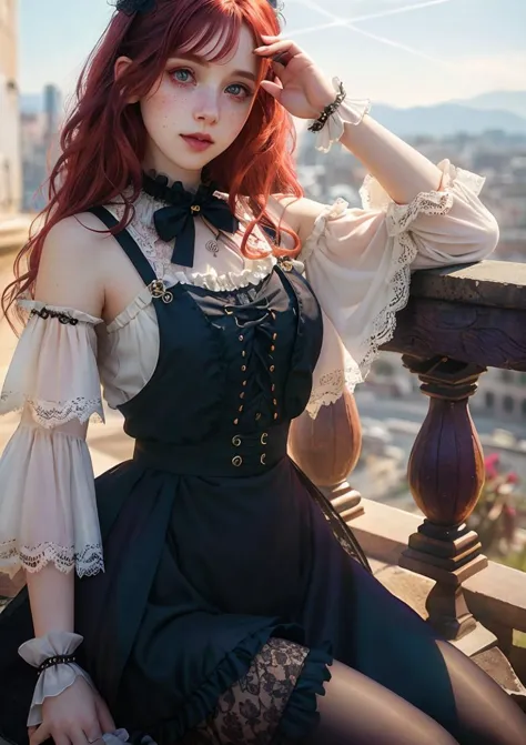 arafed woman in a black dress and a white blouse sitting on a balcony