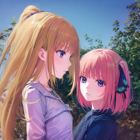 anime girl with long blonde hair and pink hair standing next to another girl