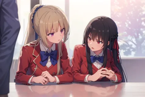 two girls in school uniforms sitting at a table with their hands on their knees