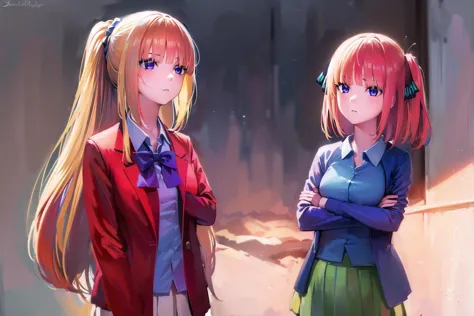 anime girl with long hair and a red jacket standing next to another girl