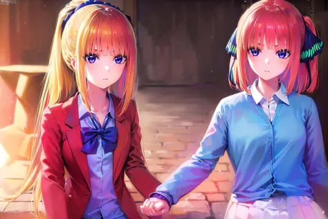 anime characters sitting on a brick floor holding hands