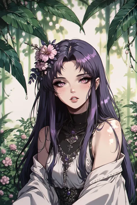 score_9,score_8_up,score_7_up,score_6_up,score_5_up,score_4_up rating_safe, 1girl,solo,long hair,looking at viewer,black hair,hair ornament,bare shoulders,purple eyes,purple hair,flower,parted lips,teeth,hair flower,pink eyes,mole,blurry,lips,eyelashes,makeup,depth of field,leaf,sunlight,plant,portrait,close-up,freckles,realistic,nose,dappled sunlight, <lora:OldAnimeStyle_XL_v3:0.8> Vintage, 1990s \(style\)