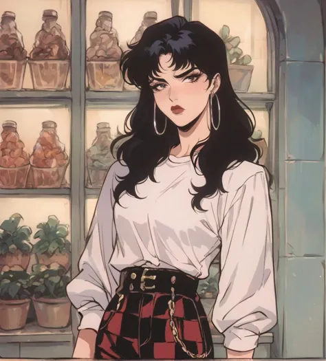 score_9, score_8_up, score_7_up, score_6_up, score_5_up, score_4_up,
BREAK vintage, 1990s \(style\), (source anime)  1feamle pretty . in shopping mall . checkered red pants. good eyes. bangs .  mullet.  hoop earrings,   amazing detail. amazing quality. lipstick . pouting   