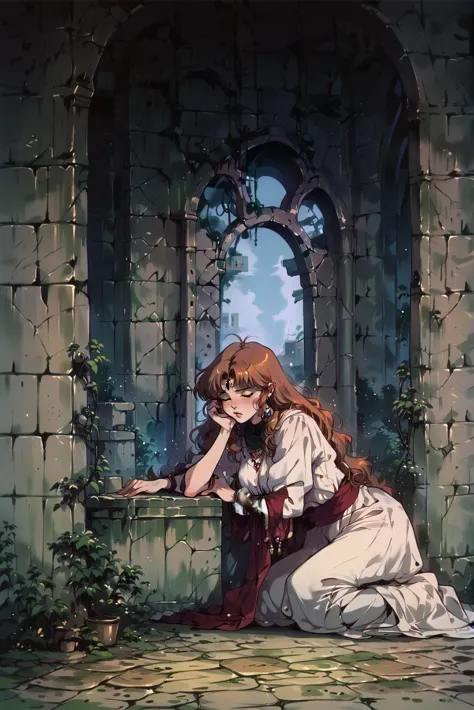 anime girl sitting on a stone wall in a castle