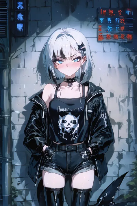 anime girl with white hair and black leather outfit standing in front of a brick wall