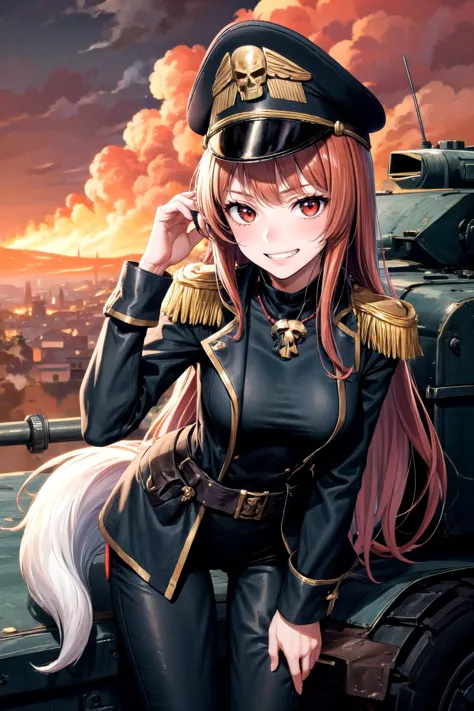 (masterpiece, best quality, detailed), 1girl, solo, looking at viewer, <lora:holo_v1:0.7>, long hair, brown hair, animal ears, red eyes, wolf tail, necklace, <lora:edgWar40kCommissarv1:0.85>, edgCommissar, millitary uniform, epaulettes, skull emblem, hat, wearing edgCommissar, world war ii, war, military vehicle, battlefield, battle, dust, smoke, burning, fire, red sky, explosion, leaning forward, adjusting hair, hand in own hair, hand on own thigh, from above, smug, grin