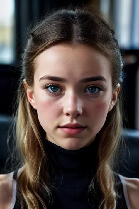 a close up of a woman with long hair and a black top