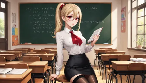 anime girl in a classroom with a blackboard and a red tie