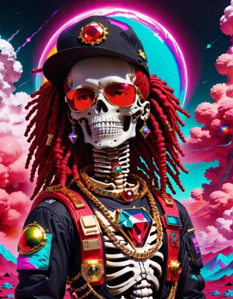 a skeleton in a pirate hat and sunglasses standing in front of a colorful sky