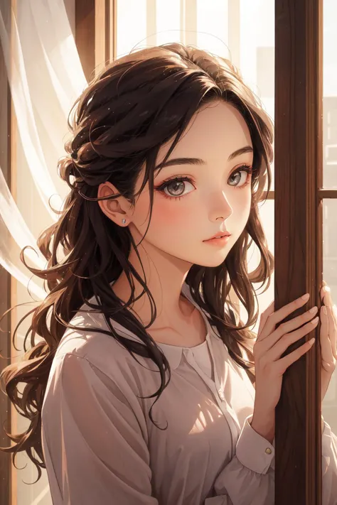 A girl stands by the window, the morning sun,beautiful face,beat quality, <lora:TLwindow:0.5>