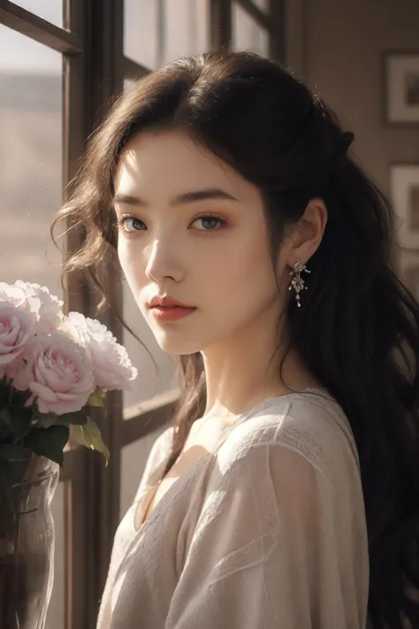 a woman with long hair and earrings standing next to a vase of flowers