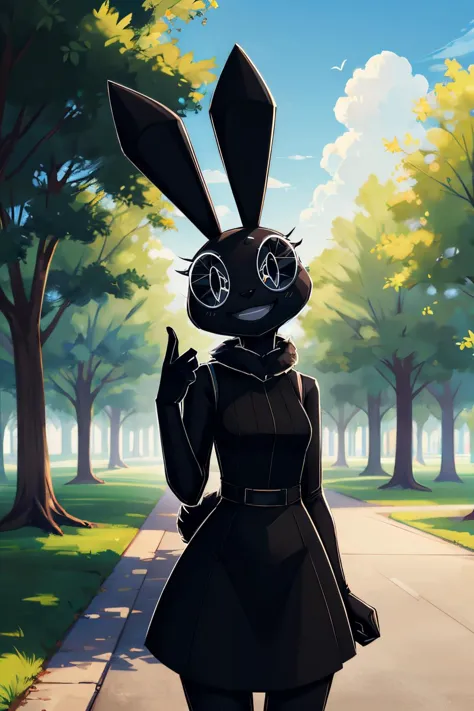 a cartoon bunny in a black dress walking down a sidewalk