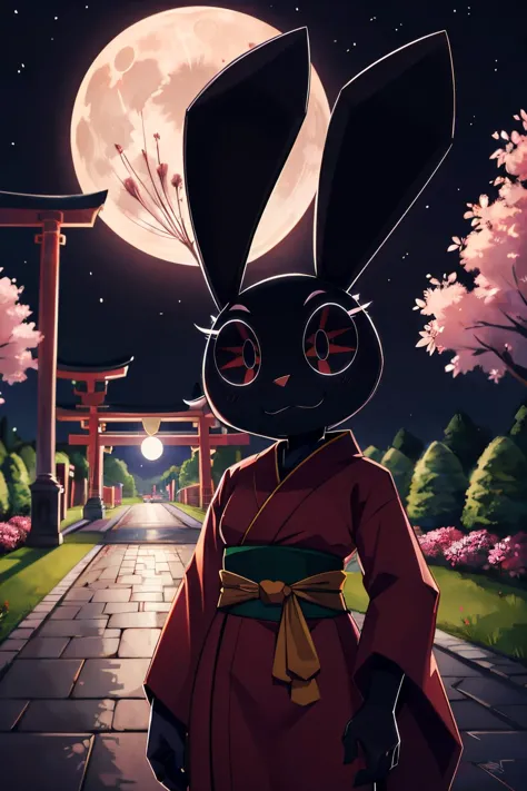 a cartoon bunny in a kimono outfit stands in front of a gate