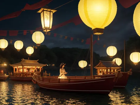Hyperrealistic art of floating lantern harbor with boats adorned with glowing lanterns , dramatic, (masterpiece, best quality, h...