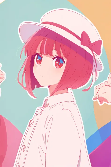 anime girl with pink hair and a white hat pointing at something