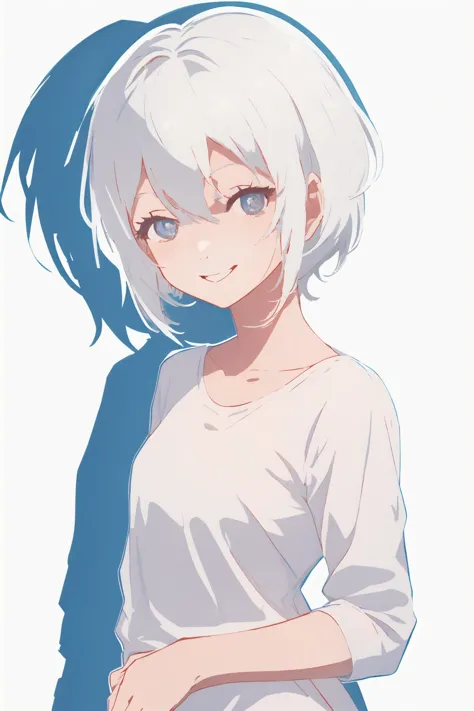 anime girl with white hair and blue eyes standing in front of a white background