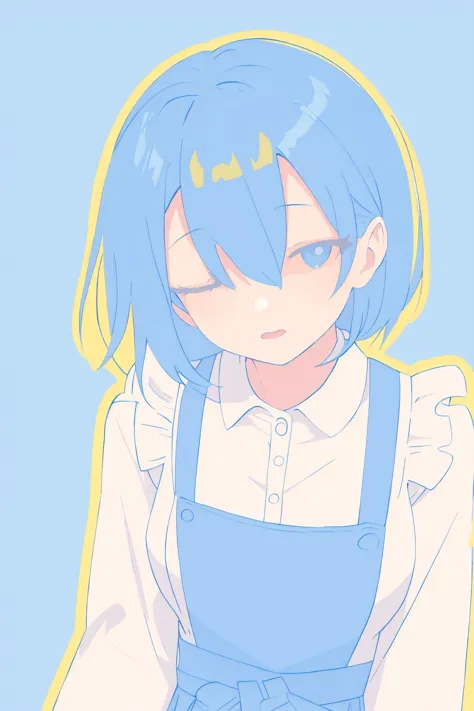 anime girl with blue hair and white shirt and blue apron