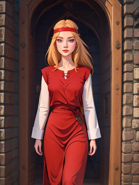 a woman in a red dress is walking through a doorway