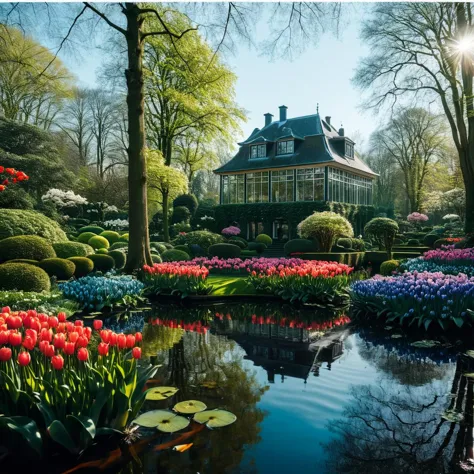 (((In einem ruhigen botanischen Garten mit dem Keukenhof im Hintergrund))), volumetrische Beleuchtung, leuchtende Farben, 4k Epos detailed, gedreht mit Kodak, 35mm Foto, scharfer Fokus, Hohes Budget, Cinemascope, Launisch, Epos, wunderschön, Filmkorn, körnig, Zurückhaltende Fotografie, dramatische Beleuchtung, intensive Emotionen, Kinoatmosphäre, geheimnisvolle Atmosphäre, Betonung von Form und Gestalt, Tiefe schaffen, Drama hervorrufen, Geschichtenerzählen durch Schatten, Professionelle Technik,professionelle Beleuchtung, Fantasievolles Konzept, kreatives Styling, Außerirdische Ästhetik, surreale visuelle, fesselnde Erzählung, komplizierte Details, fantastische Landschaft, redaktionelles Storytelling, professionelle Beleuchtung, visuelle Wirkung erzeugen, Emotionen hervorrufen, Kreative Grenzen erweitern 