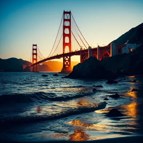 (((An einem malerischen Ufer mit der Golden Gate Bridge im Hintergrund))), volumetrische Beleuchtung, leuchtende Farben, 4k Epos detailed, gedreht mit Kodak, 35mm Foto, scharfer Fokus, Hohes Budget, Cinemascope, Launisch, Epos, wunderschön, Filmkorn, körnig, Zurückhaltende Fotografie, dramatische Beleuchtung, intensive Emotionen, Kinoatmosphäre, geheimnisvolle Atmosphäre, Betonung von Form und Gestalt, Tiefe schaffen, Drama hervorrufen, Geschichtenerzählen durch Schatten, Professionelle Technik,professionelle Beleuchtung, Fantasievolles Konzept, kreatives Styling, Außerirdische Ästhetik, surreale visuelle, fesselnde Erzählung, komplizierte Details, fantastische Landschaft, redaktionelles Storytelling, professionelle Beleuchtung, visuelle Wirkung erzeugen, Emotionen hervorrufen, Kreative Grenzen erweitern 