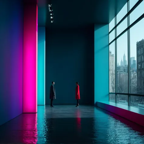 (((In einem lebendigen Museum für moderne Kunst mit dem Museum of Modern Art im Hintergrund))), volumetrische Beleuchtung, leuchtende Farben, 4k Epos detailed, gedreht mit Kodak, 35mm Foto, scharfer Fokus, Hohes Budget, Cinemascope, Launisch, Epos, wunderschön, Filmkorn, körnig, Zurückhaltende Fotografie, dramatische Beleuchtung, intensive Emotionen, Kinoatmosphäre, geheimnisvolle Atmosphäre, Betonung von Form und Gestalt, Tiefe schaffen, Drama hervorrufen, Geschichtenerzählen durch Schatten, Professionelle Technik,professionelle Beleuchtung, Fantasievolles Konzept, kreatives Styling, Außerirdische Ästhetik, surreale visuelle, fesselnde Erzählung, komplizierte Details, fantastische Landschaft, redaktionelles Storytelling, professionelle Beleuchtung, visuelle Wirkung erzeugen, Emotionen hervorrufen, Kreative Grenzen erweitern 