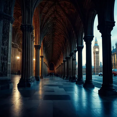 (((In a historic parliament building with the Palace of Westminster in the background))), volumetric lighting, vibrant colors, 4...