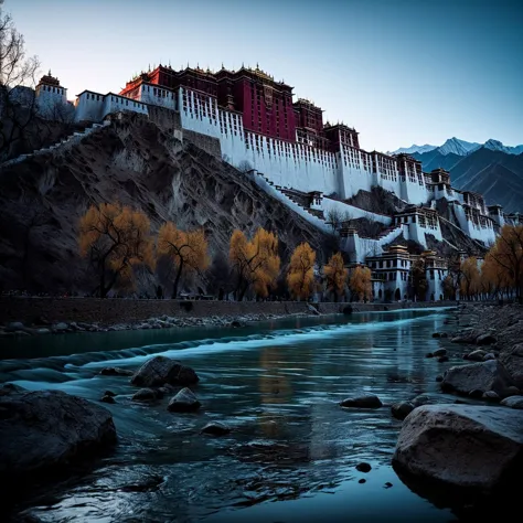 (((In an ancient royal complex with the Potala Palace in the background))), volumetric lighting, vibrant colors, 4k epic detaile...
